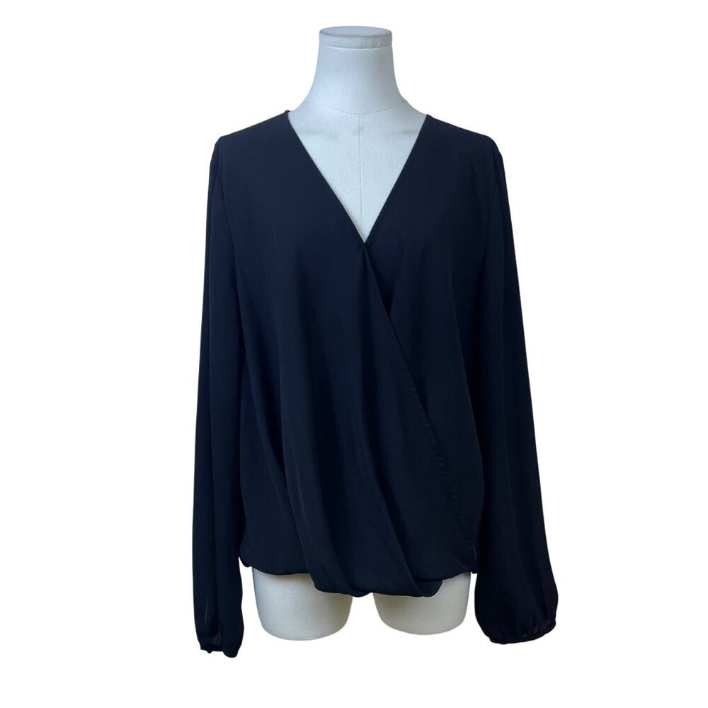 Banana Republic Womens Black Polyester V-Neck Wrap Blouse Long Sleeve Size XL